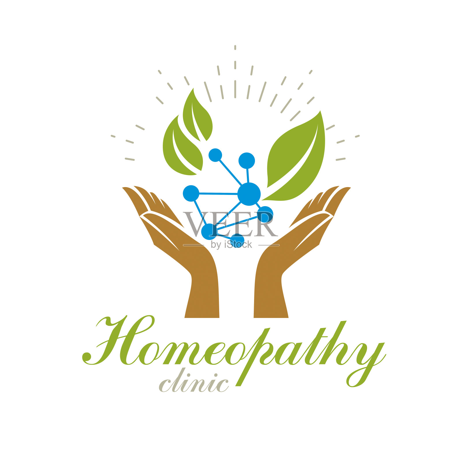 绿叶由分子模型符号组成。与自然和谐生活理念，绿色健康理念标志。顺势疗法对药理学和科学研究的影响。插画图片素材