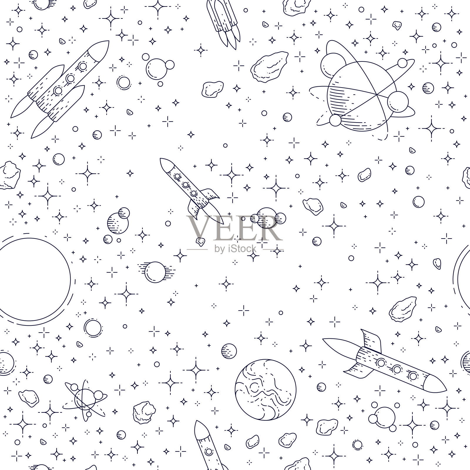 无缝空间背景与火箭，行星和恒星，未被发现的深宇宙奇妙和惊人的纺织织物为孩子，无尽的瓷砖图案，矢量插图卡通图案。插画图片素材