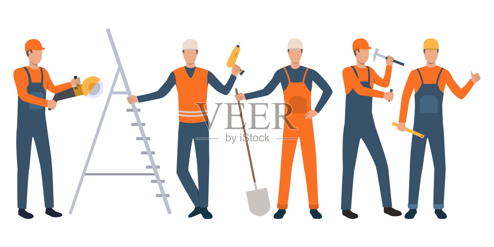 一组建筑工和杂工站着，拿着工具工作插画图片素材