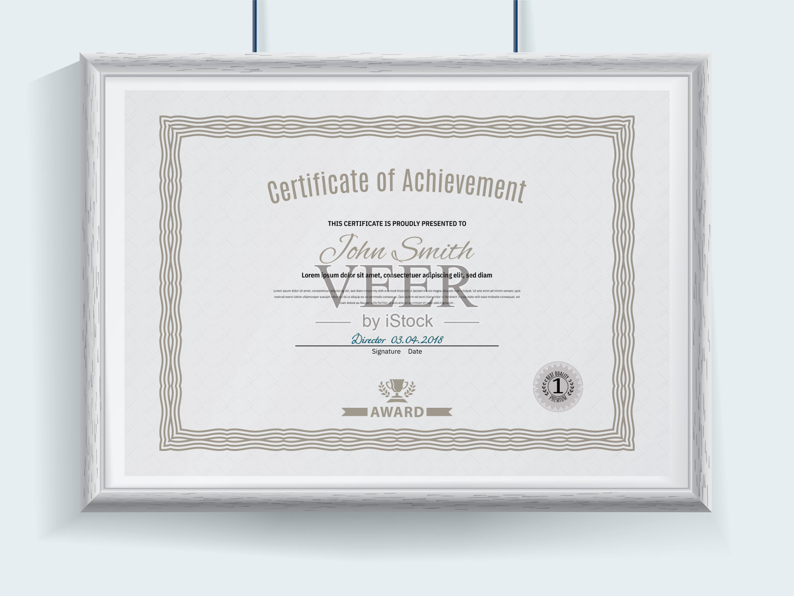 官方灰色向量证书与棕色断头台broder和现实的灰色边界挂在墙上。商业洁净现代设计插画图片素材