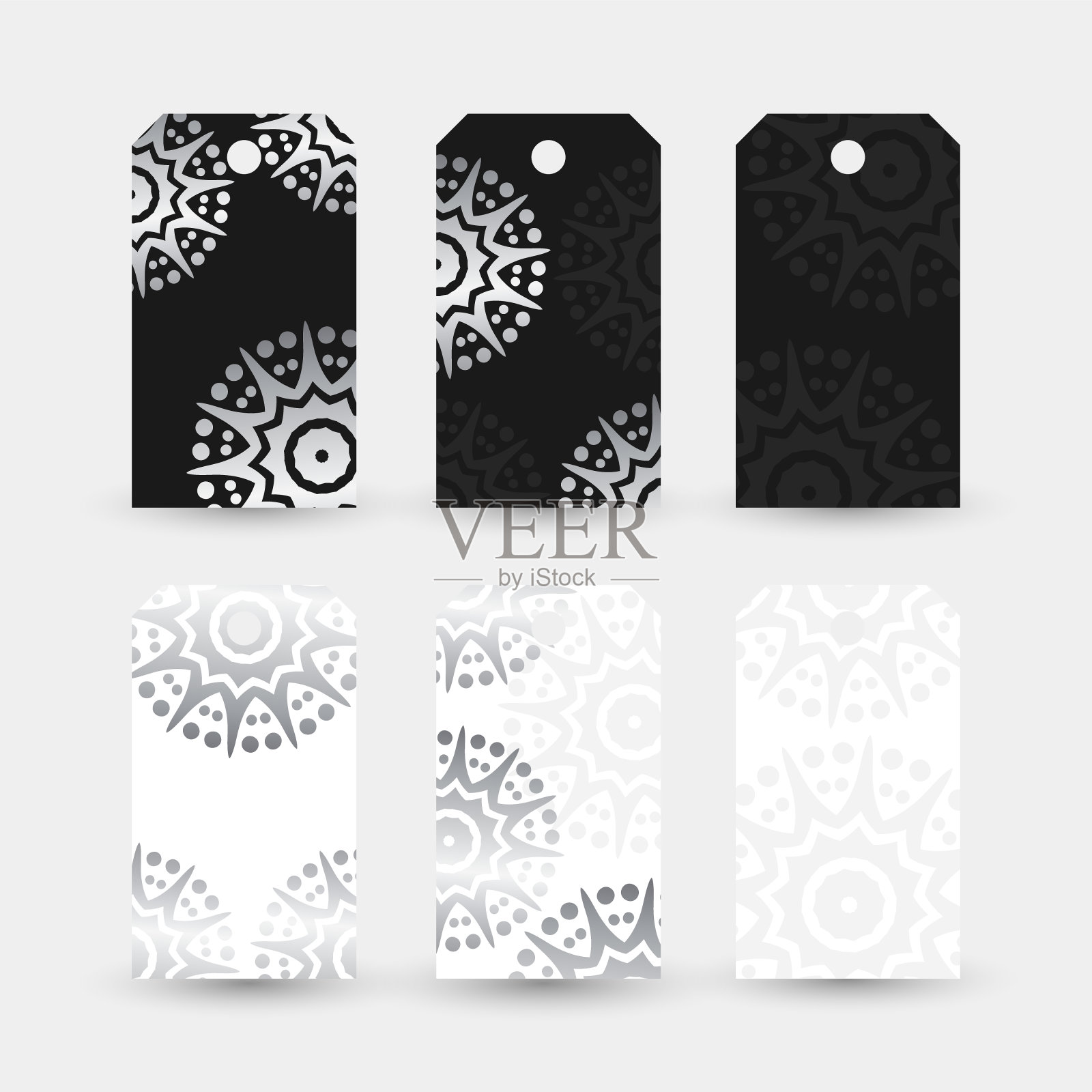 银星形状的图案。标签收集与装饰在白色和黑色的背景。插画图片素材