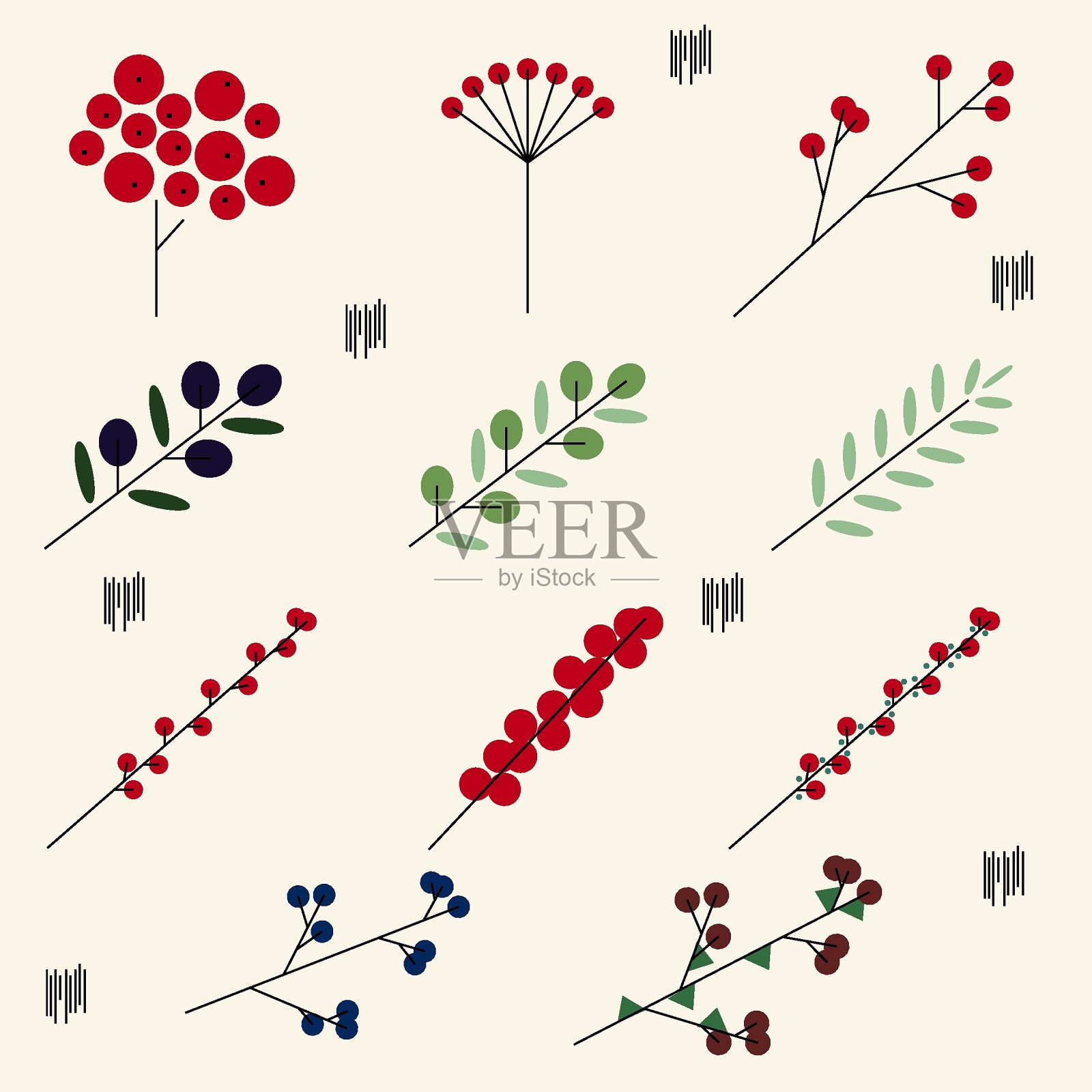 极简主义的设置与树枝和浆果在斯堪的纳维亚风格。简单的扁橄榄、冬青、荚木等。几何集合元素为您的设计。插画图片素材