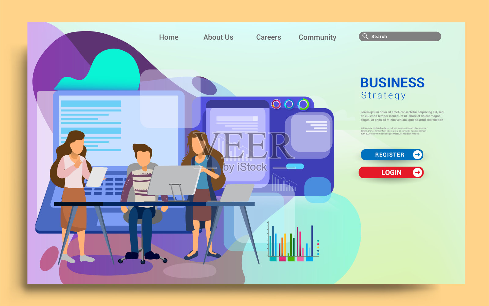 社会化媒体营销登陆页模板。现代扁平化设计理念的网页设计适用于网站和手机网站。设计模板素材