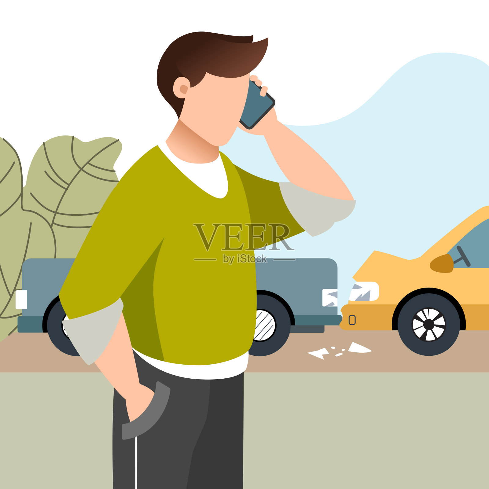 一个人出了车祸。有人用手机(移动电话)打电话。插画图片素材