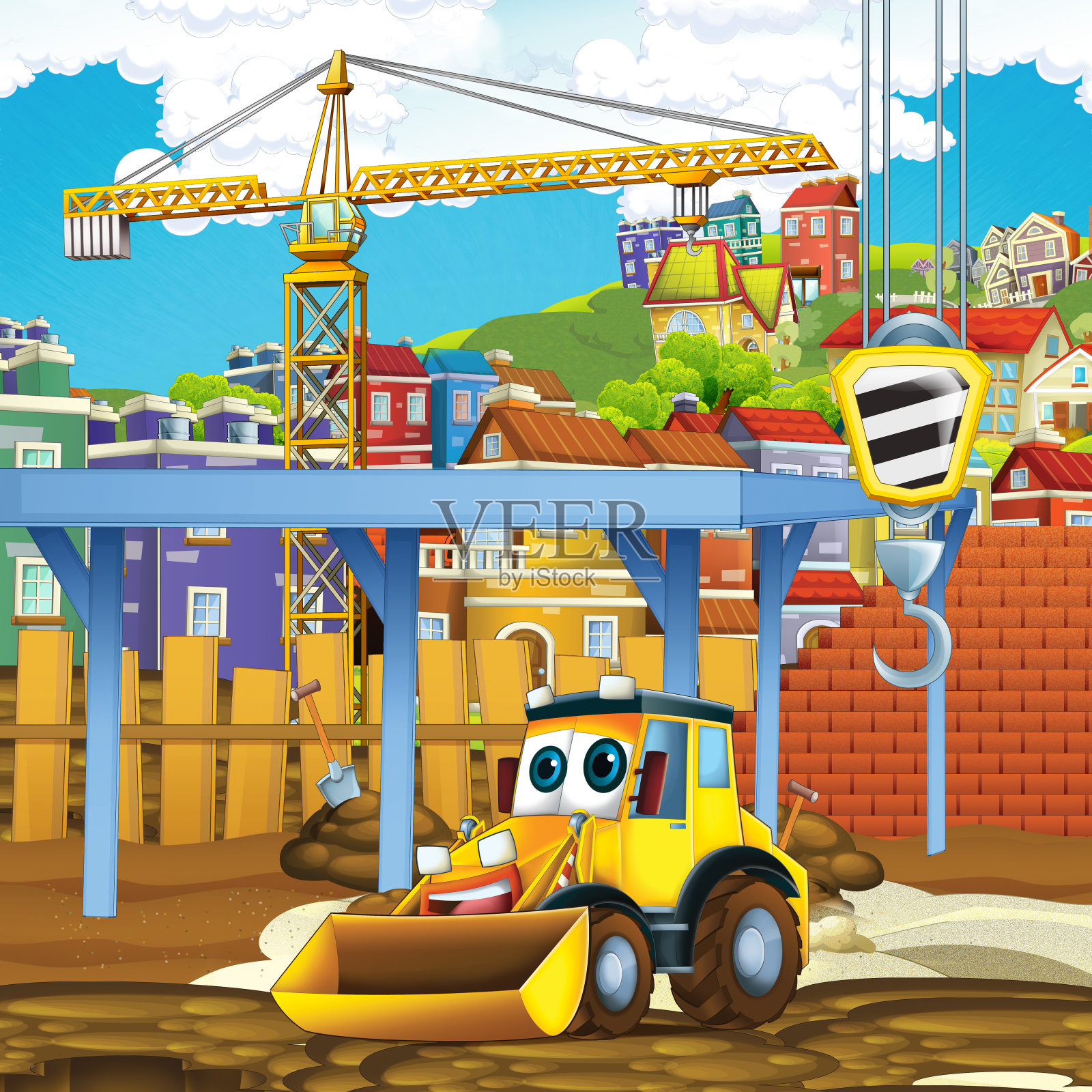 工地上挖掘机的卡通场景插画图片素材