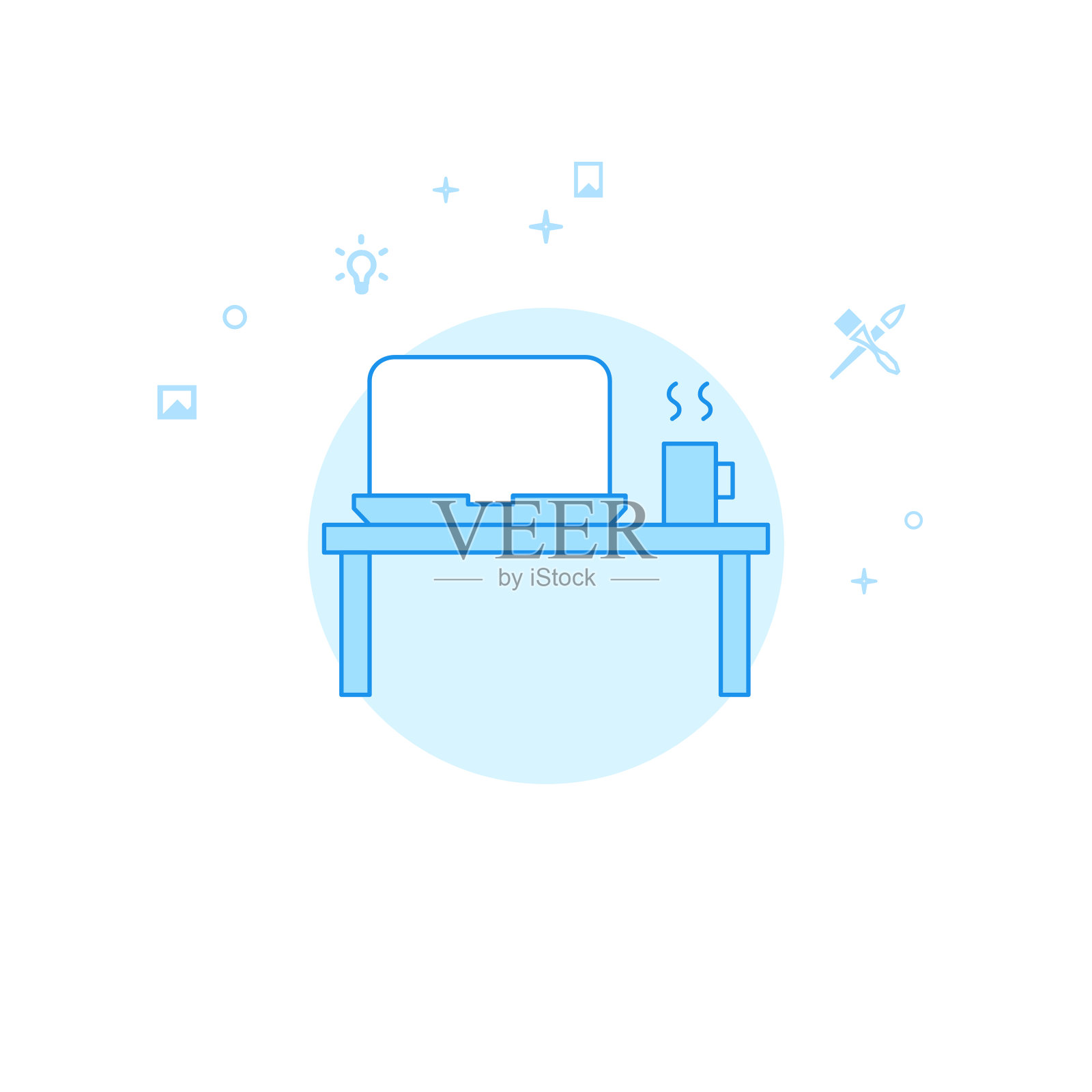 工作场所，笔记本电脑和咖啡杯平面矢量插图，图标。浅蓝色单色设计。可编辑的中风插画图片素材