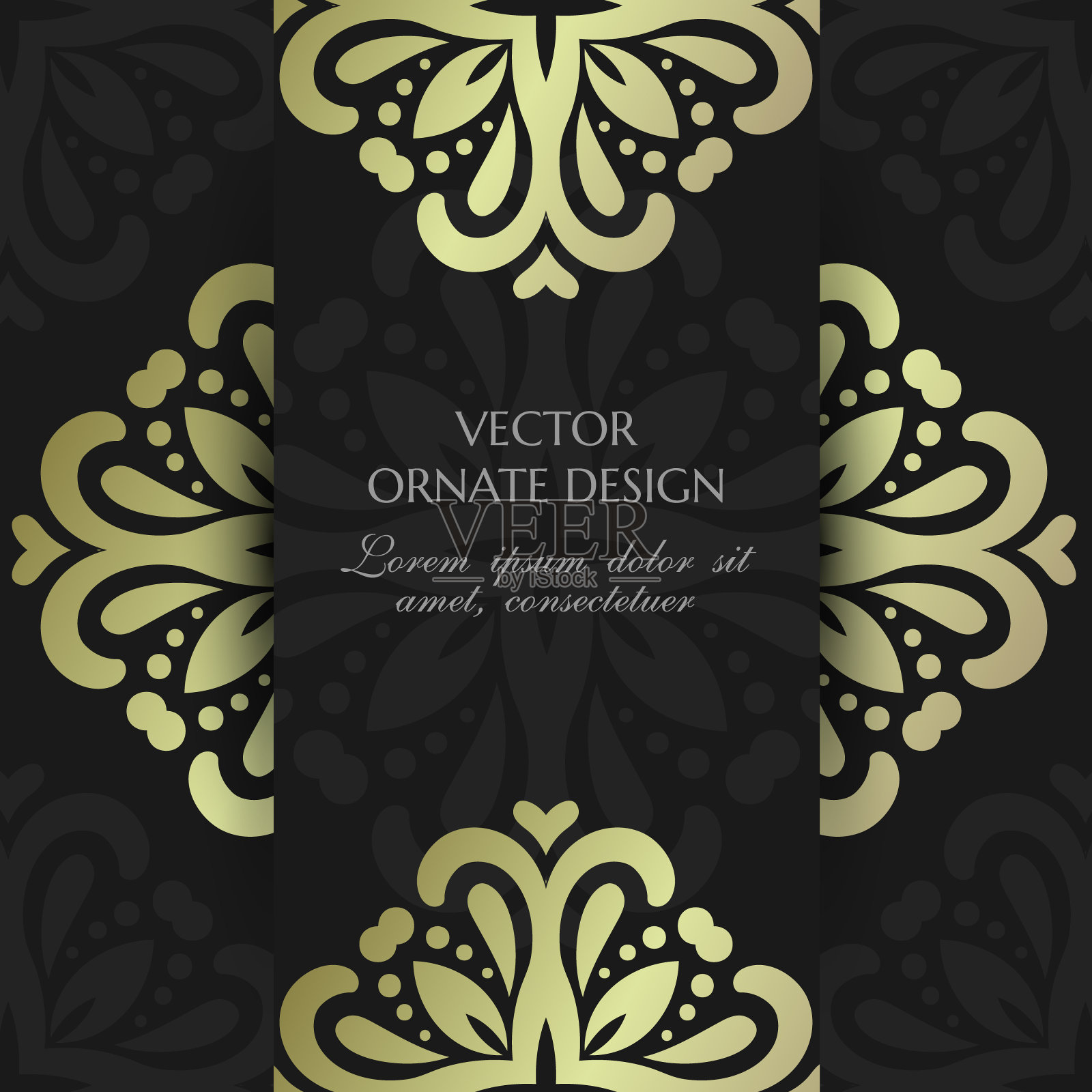 青铜花卉装饰。黑色背景上有装饰元素的方形卡片。插画图片素材