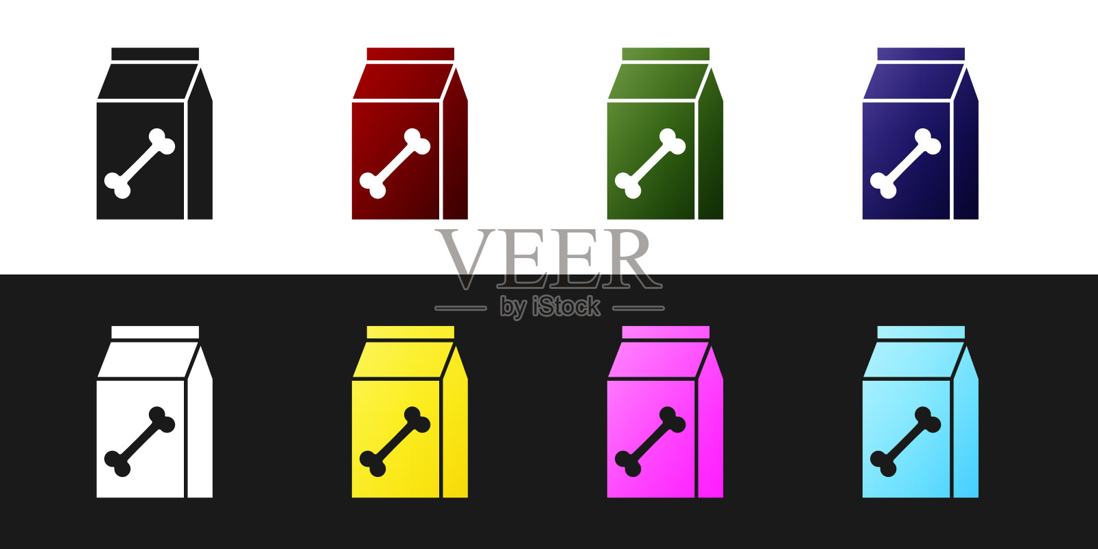 设置宠物食品袋图标隔离在黑色和白色背景。动物的食物。狗骨头的迹象。宠物食品包装。矢量图插画图片素材