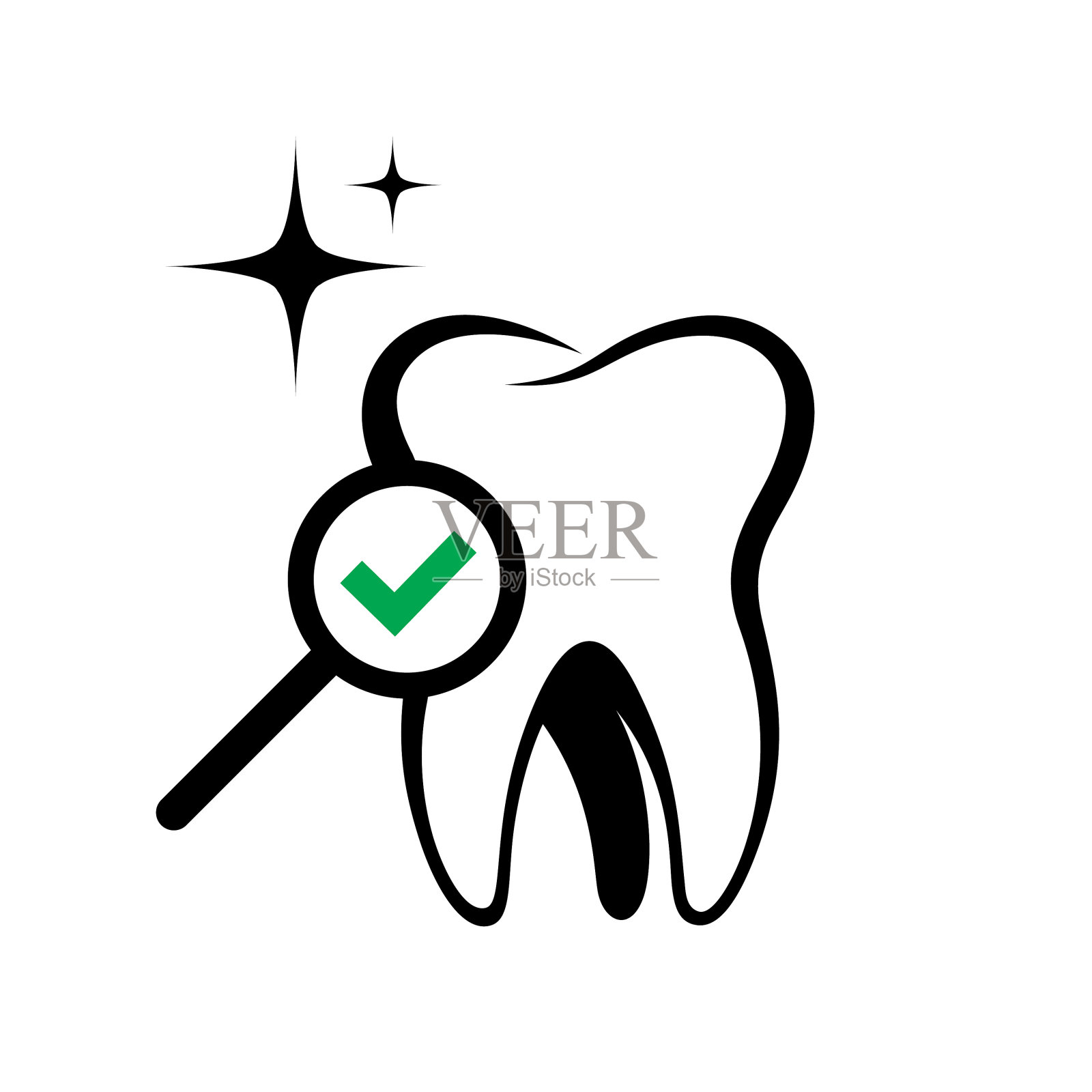 牙齿体检线性图标。牙齿用放大镜。轮廓的象征插画图片素材