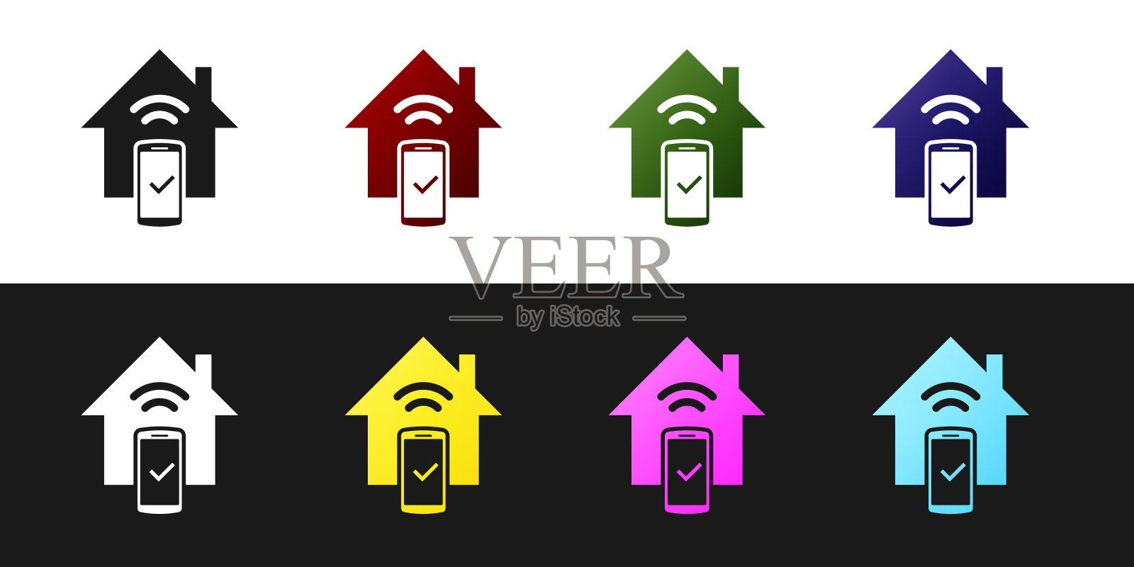 设置智能家居-远程控制系统图标隔离在黑白背景。矢量图插画图片素材