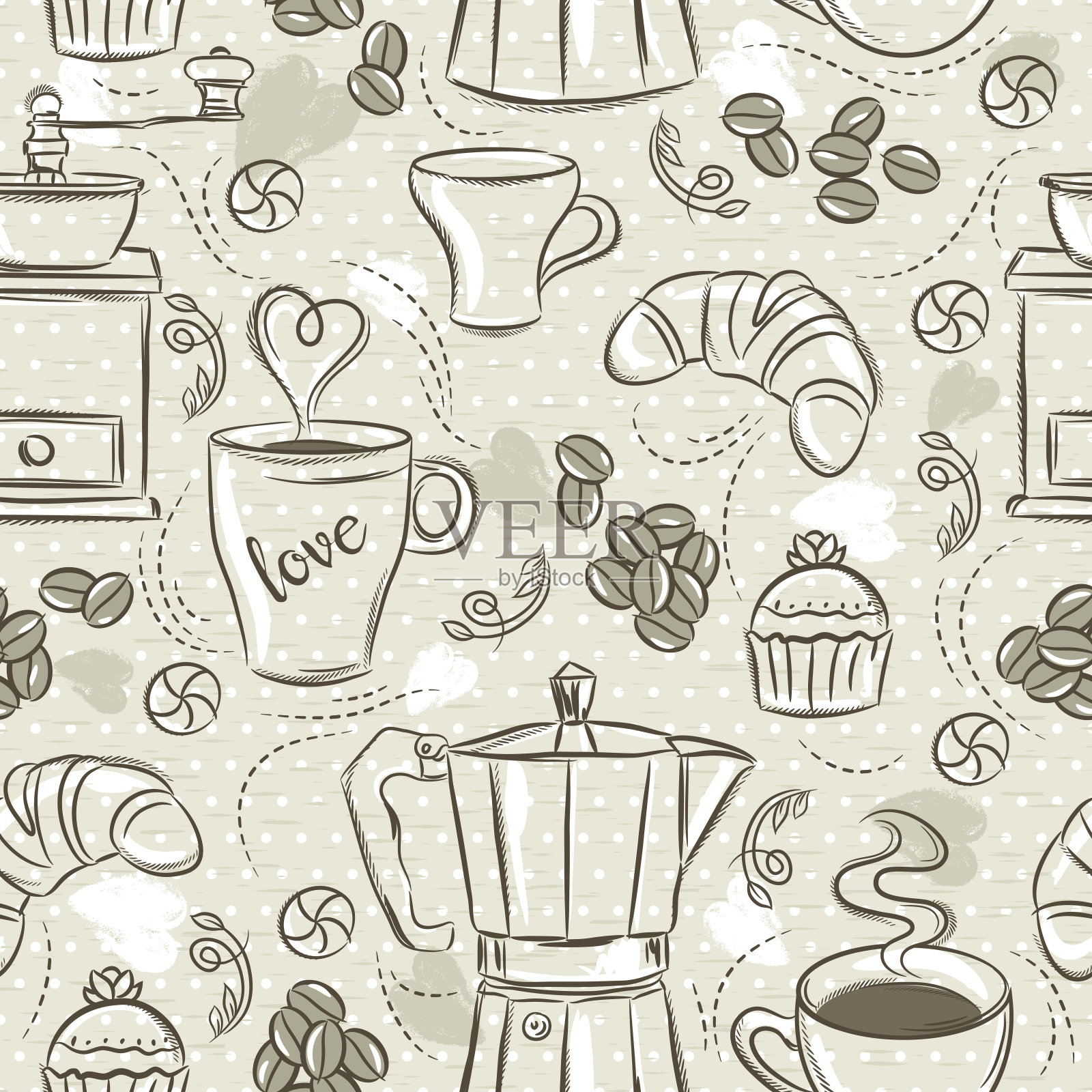 米色无缝图案与咖啡架，咖啡壶，松饼，杯，花。米色背景与咖啡具。理想的印刷织物和纸张或废品预订。插画图片素材