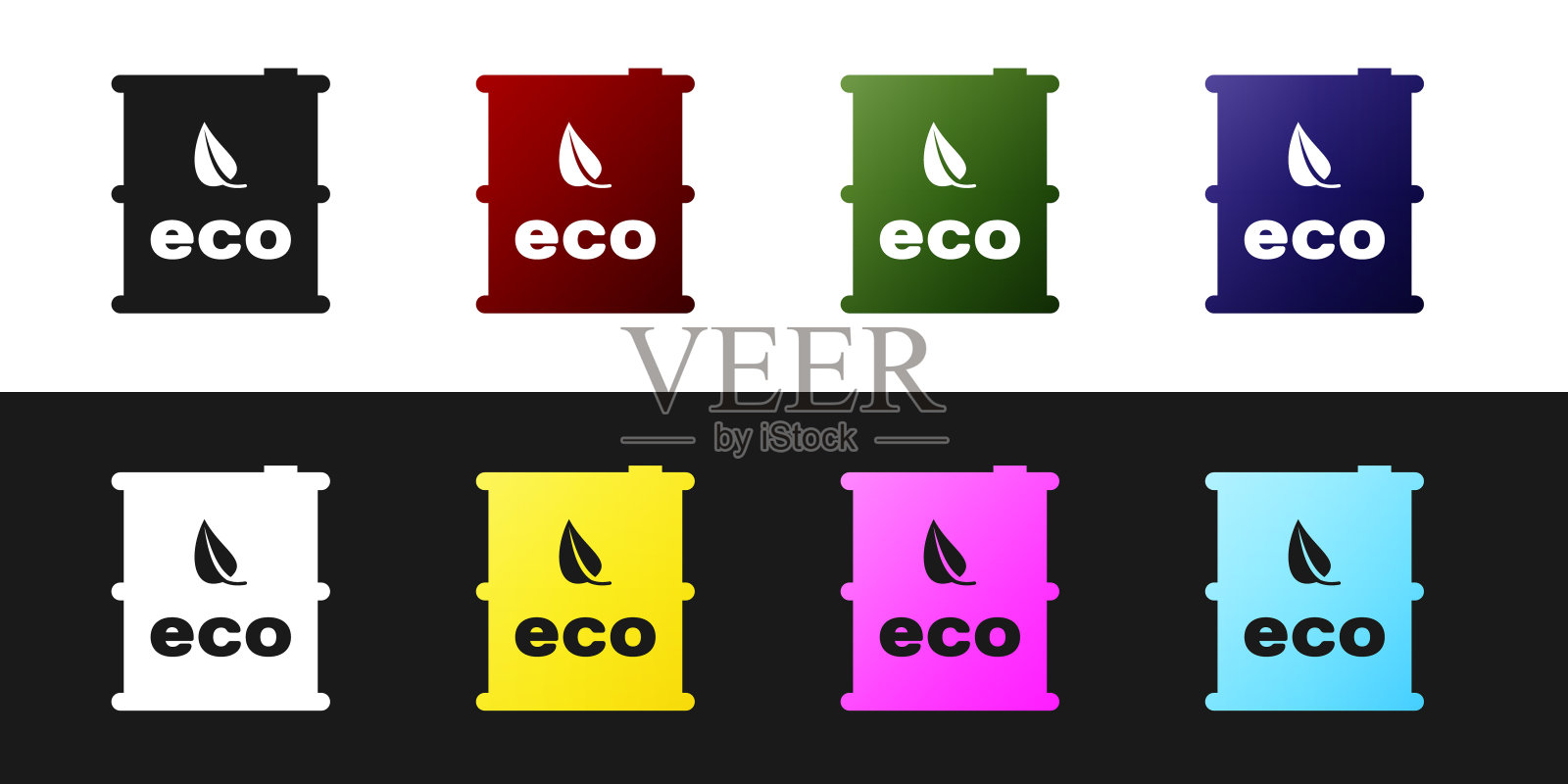 设置生物燃料桶图标隔离在黑白背景。生态生物和罐。绿色环境，循环利用。矢量图插画图片素材