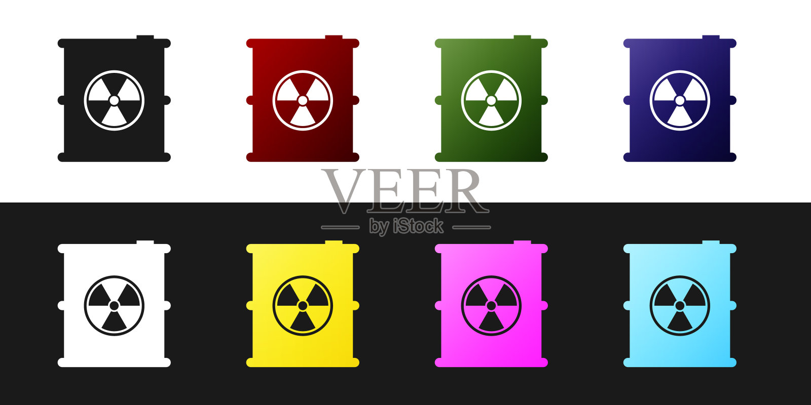 设置放射性废物桶图标隔离黑白背景。有毒的废物桶。放射性垃圾排放，环境污染。矢量图插画图片素材