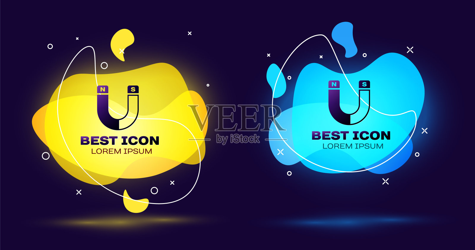 黑色磁铁图标孤立。马蹄形磁铁，磁性，磁化，吸引标志。一套液体颜色抽象几何形状。矢量图图标素材