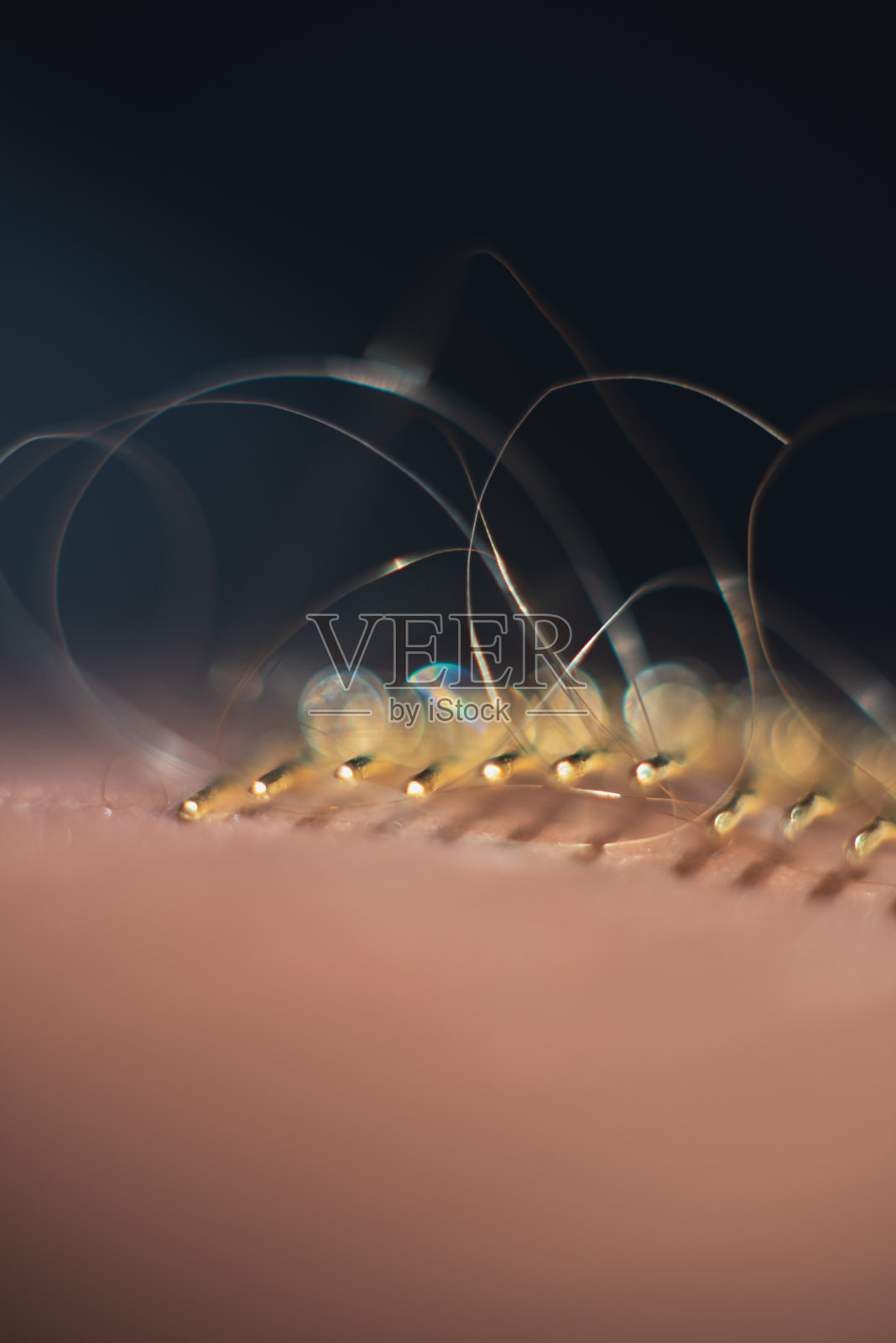 细部的金色头发梳与金色头发在粉红色的沙发。照片摄影图片