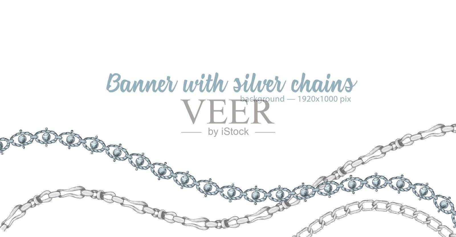 水平网横幅与抽象图案手绘银链孤立在白色的背景设计模板素材