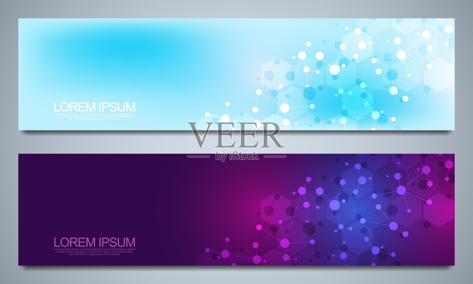 带有分子结构和神经网络的横幅设计模板。摘要分子与基因工程背景。科技创新理念。设计模板素材