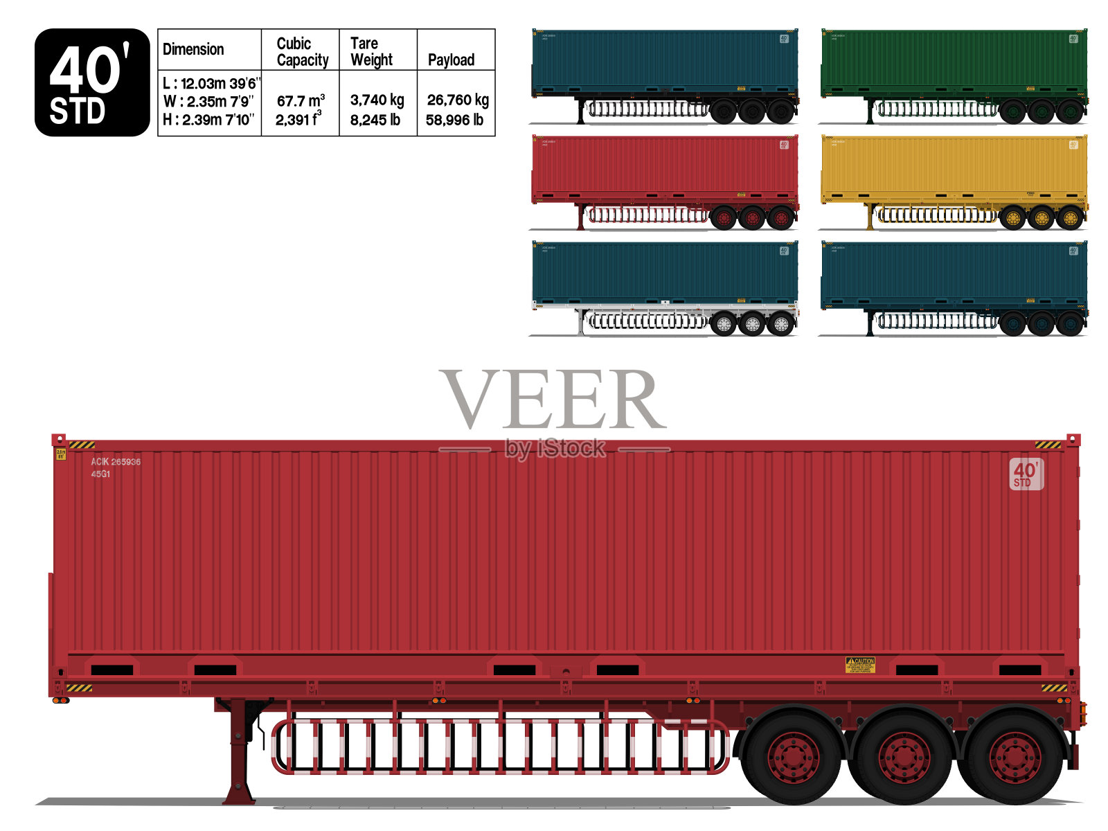 隔离集装箱40英尺(标准)拖车上透明背景插画图片素材