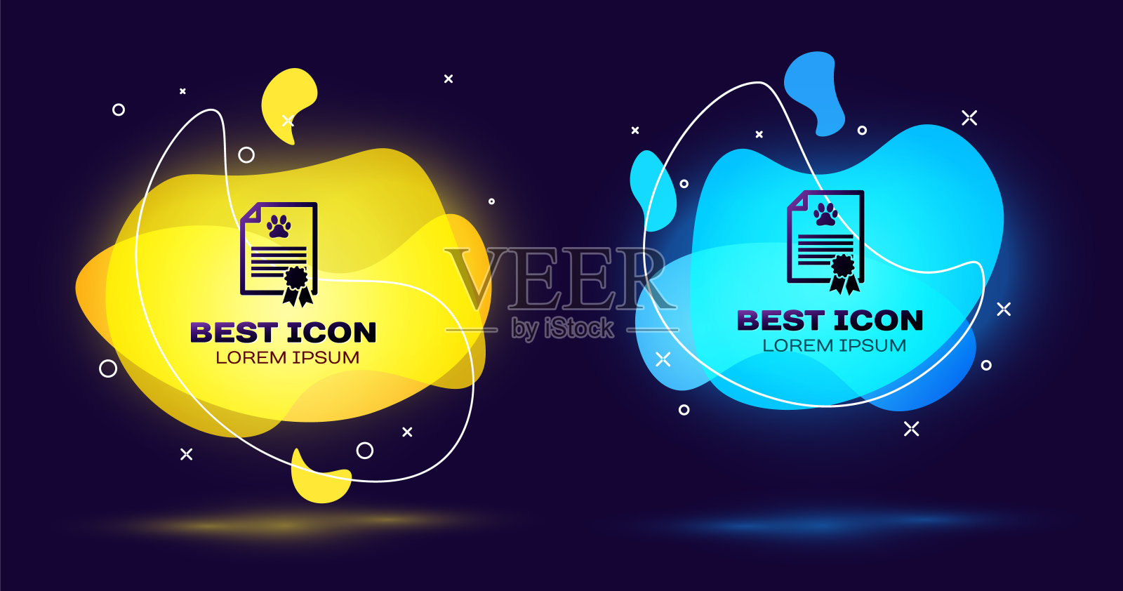 黑色旅行医疗证明，蓝色背景上有孤立的狗或猫图标。文档的宠物。狗或猫的爪印。一套液体颜色抽象几何形状。矢量图图标素材