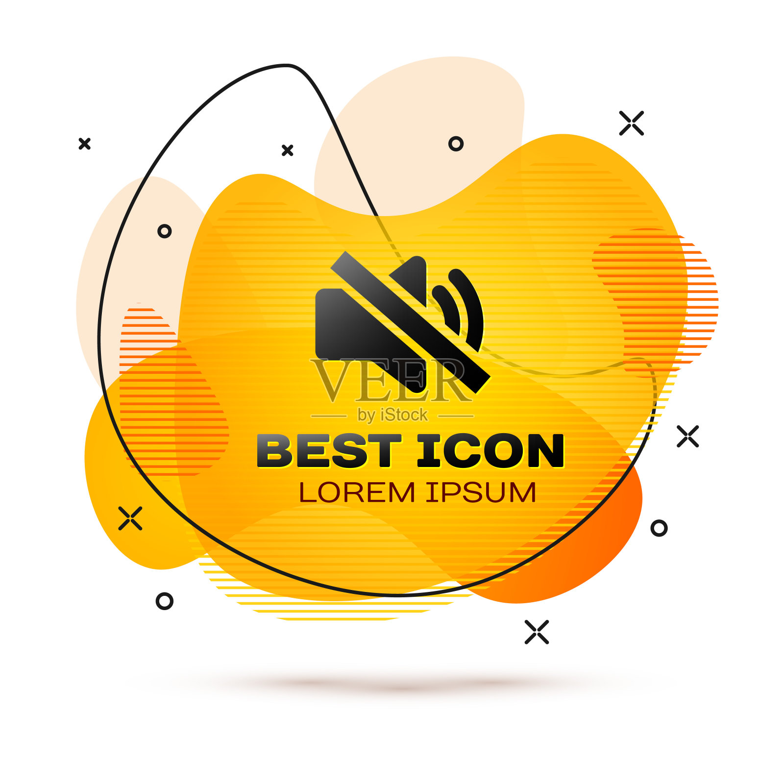 黑色扬声器静音图标隔离在白色背景。没有声音的图标。体积的象征。液颜色的旗帜。矢量图图标素材