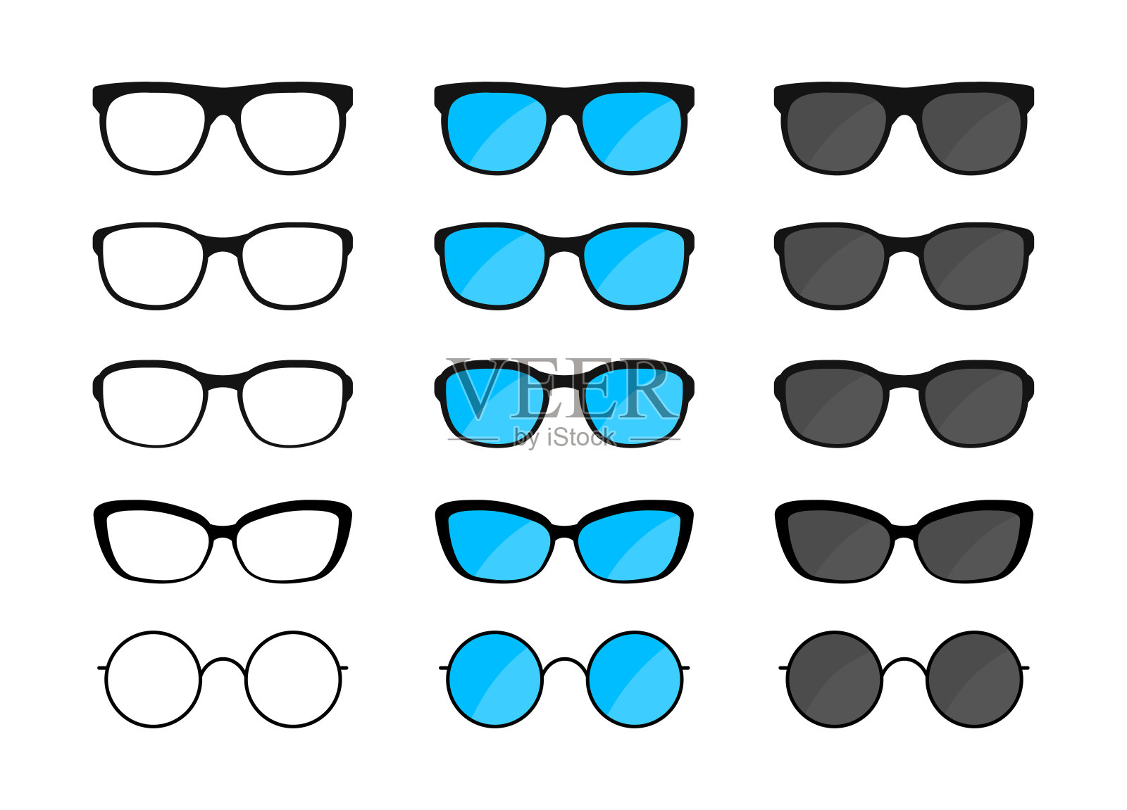 一副大眼镜。太阳镜，黑色剪影眼镜，眼镜。矢量插图。插画图片素材