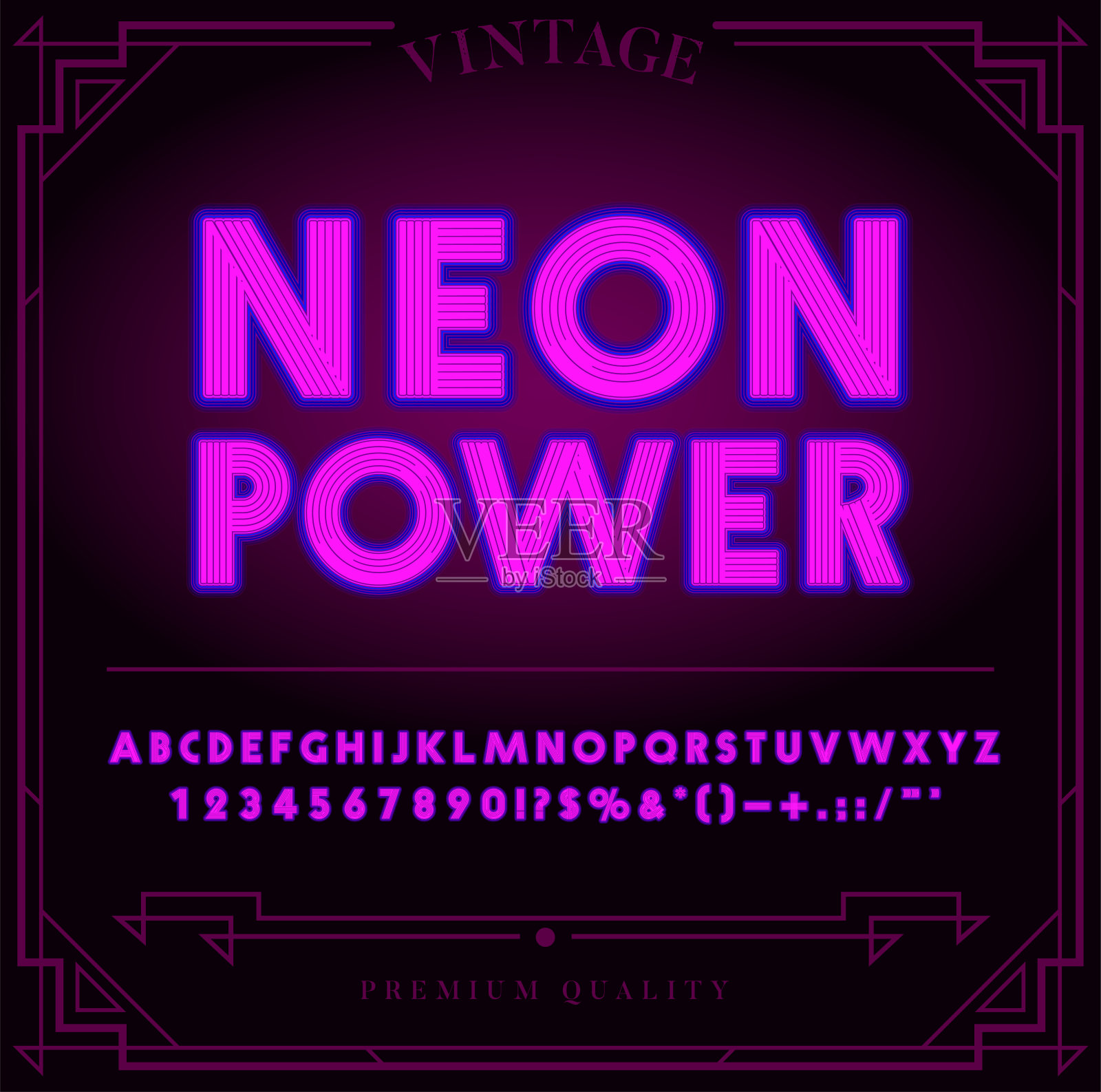 明亮的霓虹灯字母，数字和符号符号在向量。晚上演出。插画图片素材