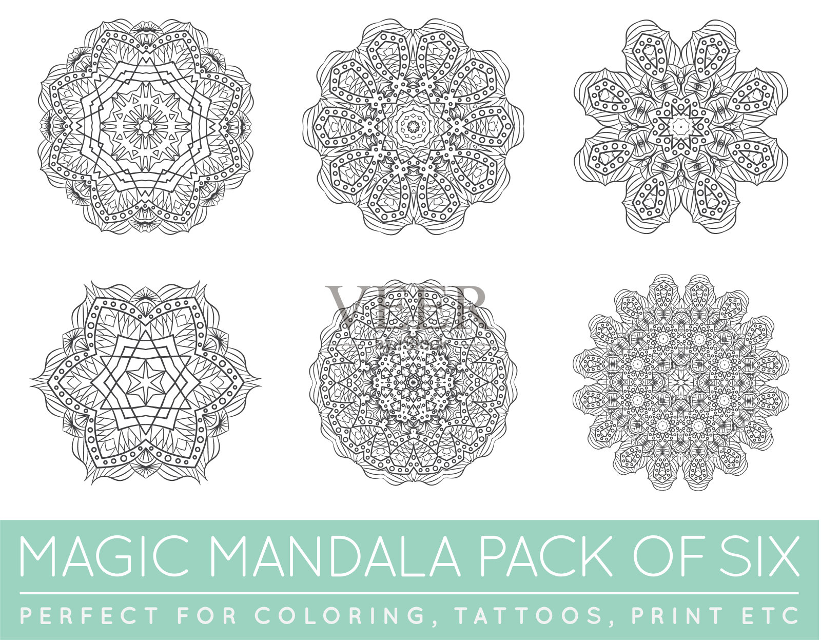 一套民族分形曼荼罗矢量冥想纹身看起来像雪花或玛雅阿兹特克图案或花太孤立的白色插画图片素材