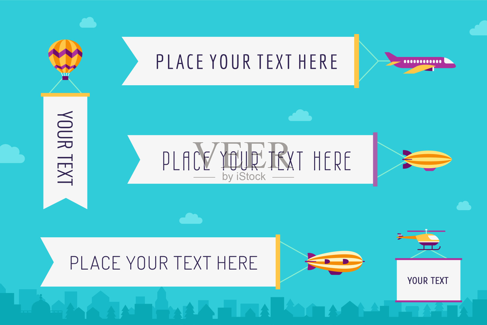 空运与海报平面风格矢量。七个部分。设计模板素材