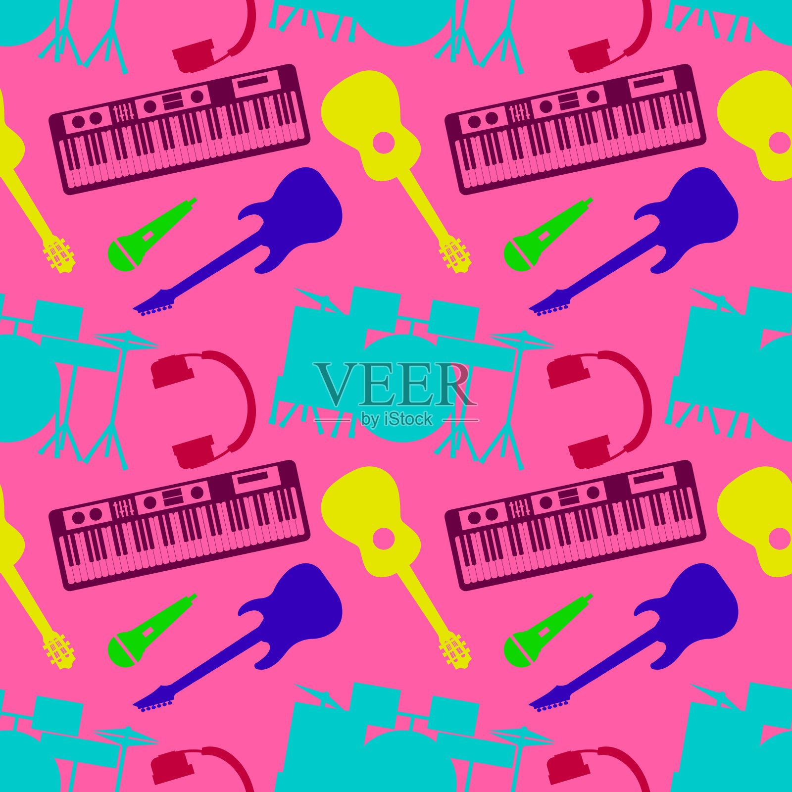 音乐色彩的乐器轮廓无缝模式的管弦乐队竖琴矢量插图插画图片素材