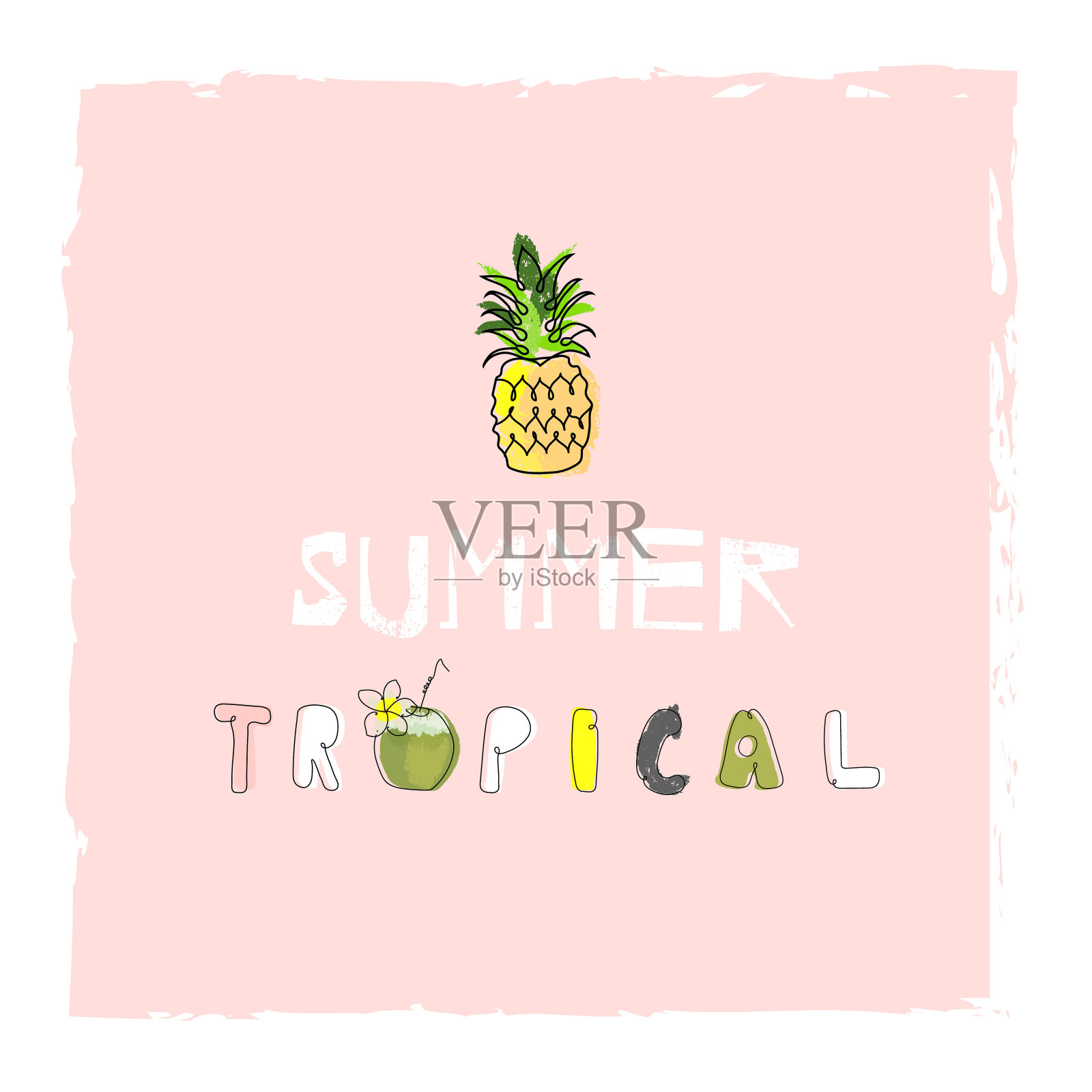 可爱的热带集野生鸟类，异国水果，花和叶插画图片素材