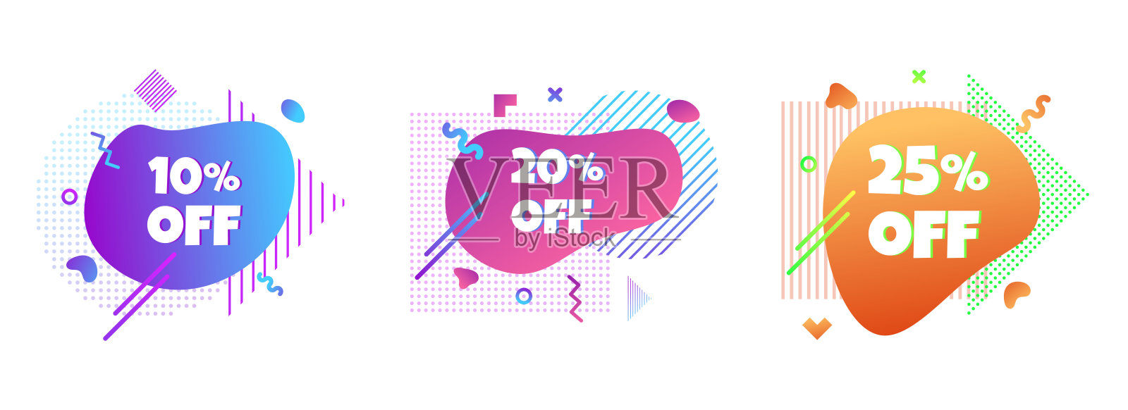 3现代液体抽象特别优惠价格标志10%，20%，25%折扣设置文本渐变平面风格设计流体矢量彩色矢量插图横幅或传单传单图标。插画图片素材
