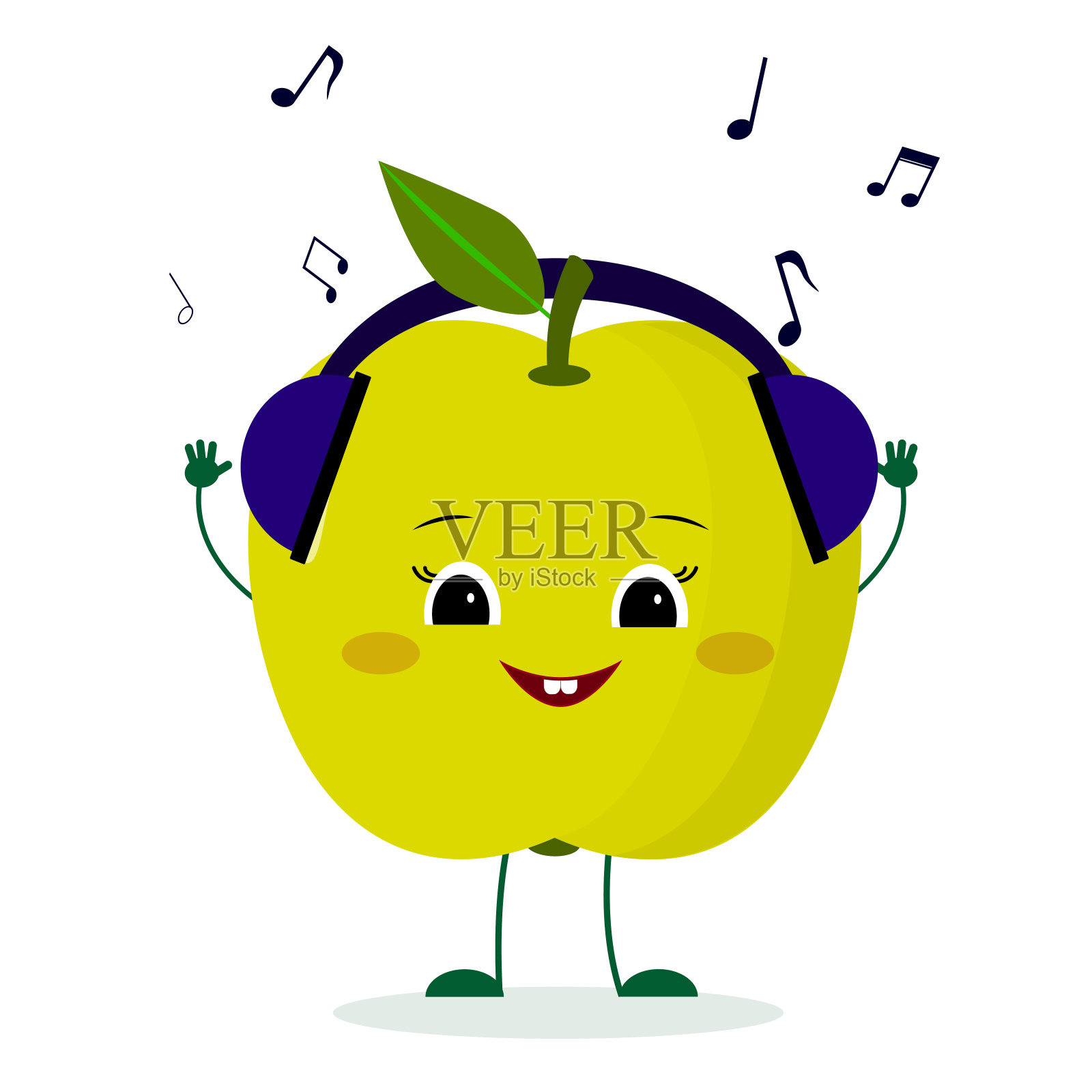 可爱的绿苹果水果卡通人物戴着耳机听音乐。标志,模板,设计。插图、平面风格插画图片素材