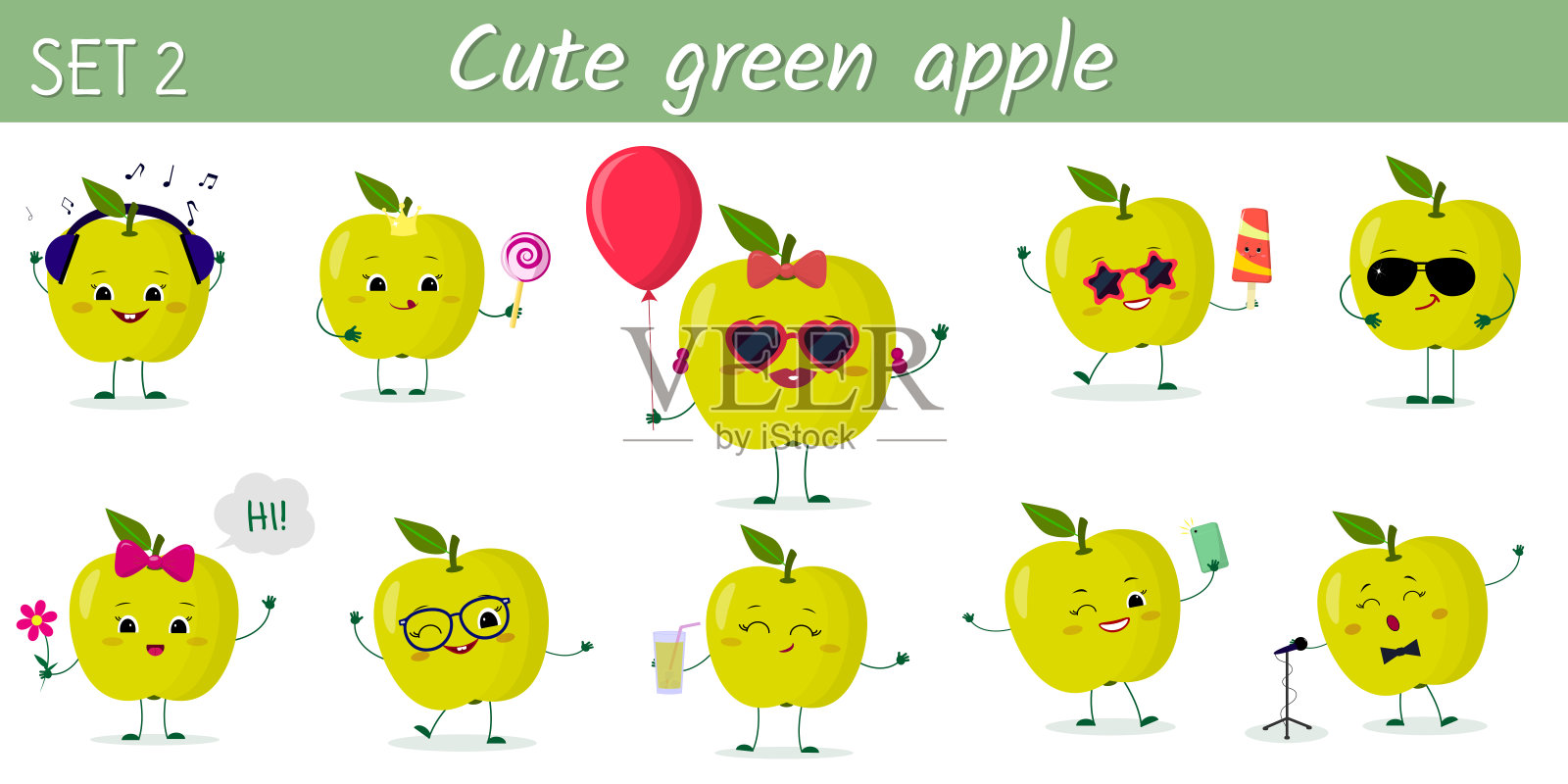 十套可爱的可爱的绿色苹果水果的各种姿态和配件卡通风格的人物。矢量插图，平面设计设计元素图片