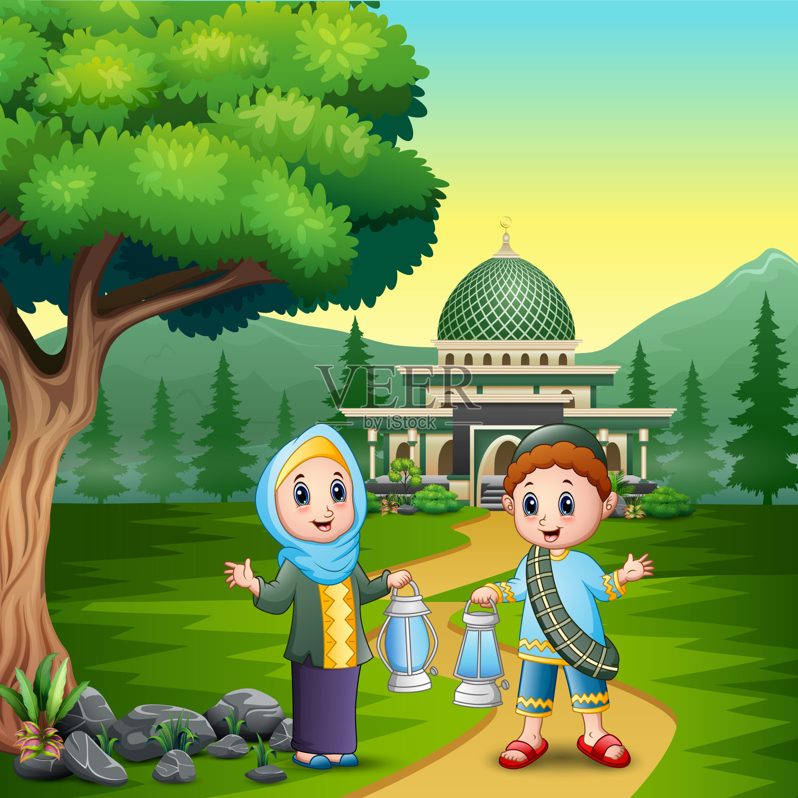 开斋节穆巴拉克与穆斯林夫妇举着灯笼插画图片素材
