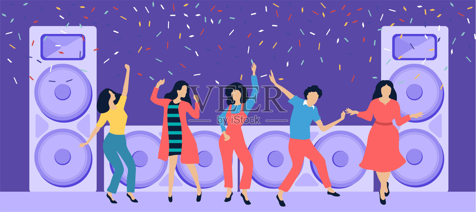 晚会的节日海报，有人，喇叭和五彩纸屑。平面设计风格。插画图片素材