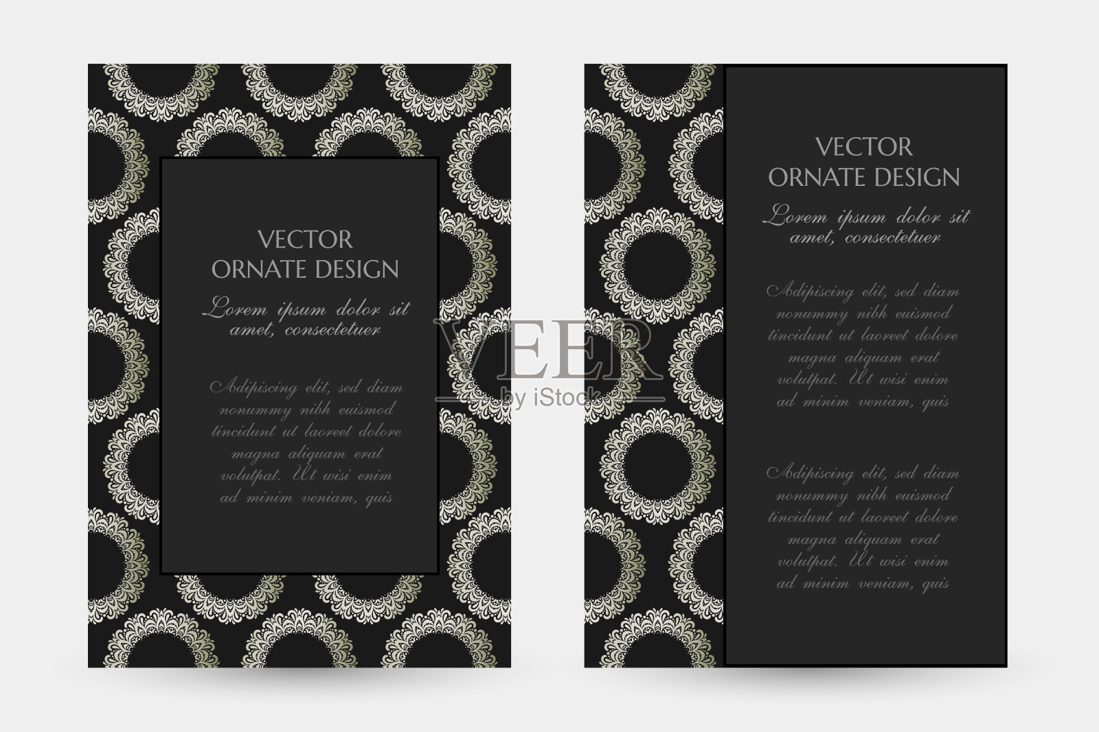 银圈装饰。豪华垂直海报与装饰框架和边界上的黑色背景。插画图片素材