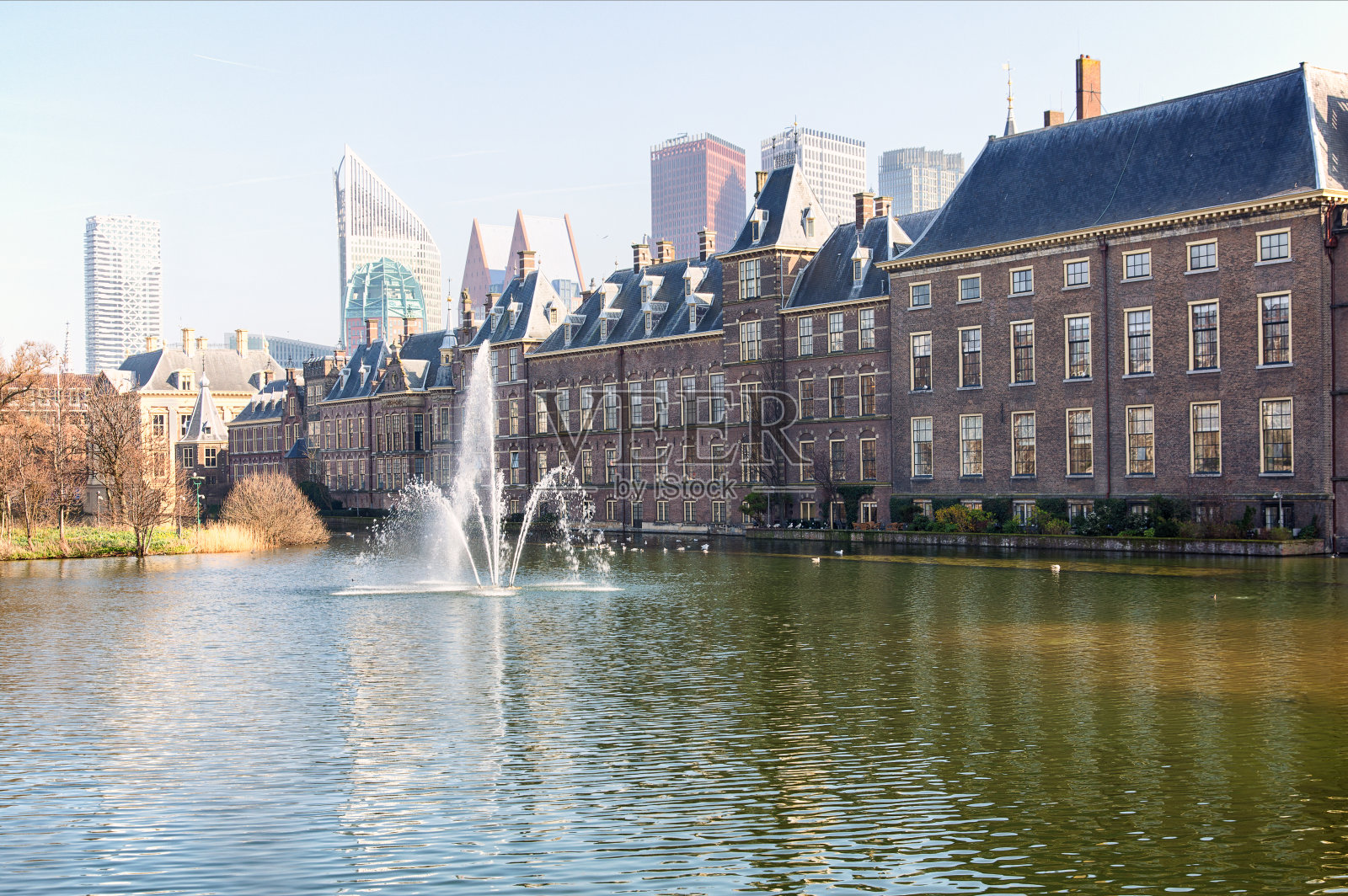 位于荷兰海牙的法院池塘，毗邻内庭，内庭是荷兰国家元首和首相的住所。照片摄影图片