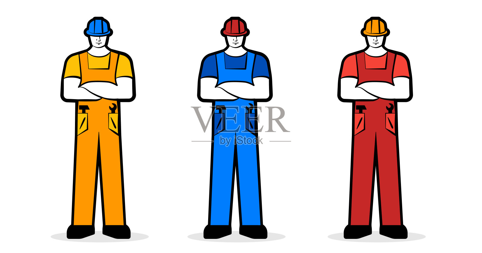 男性工人或建筑工人，穿着工作服，戴着施工头盔。工作的概念。矢量图设计元素图片