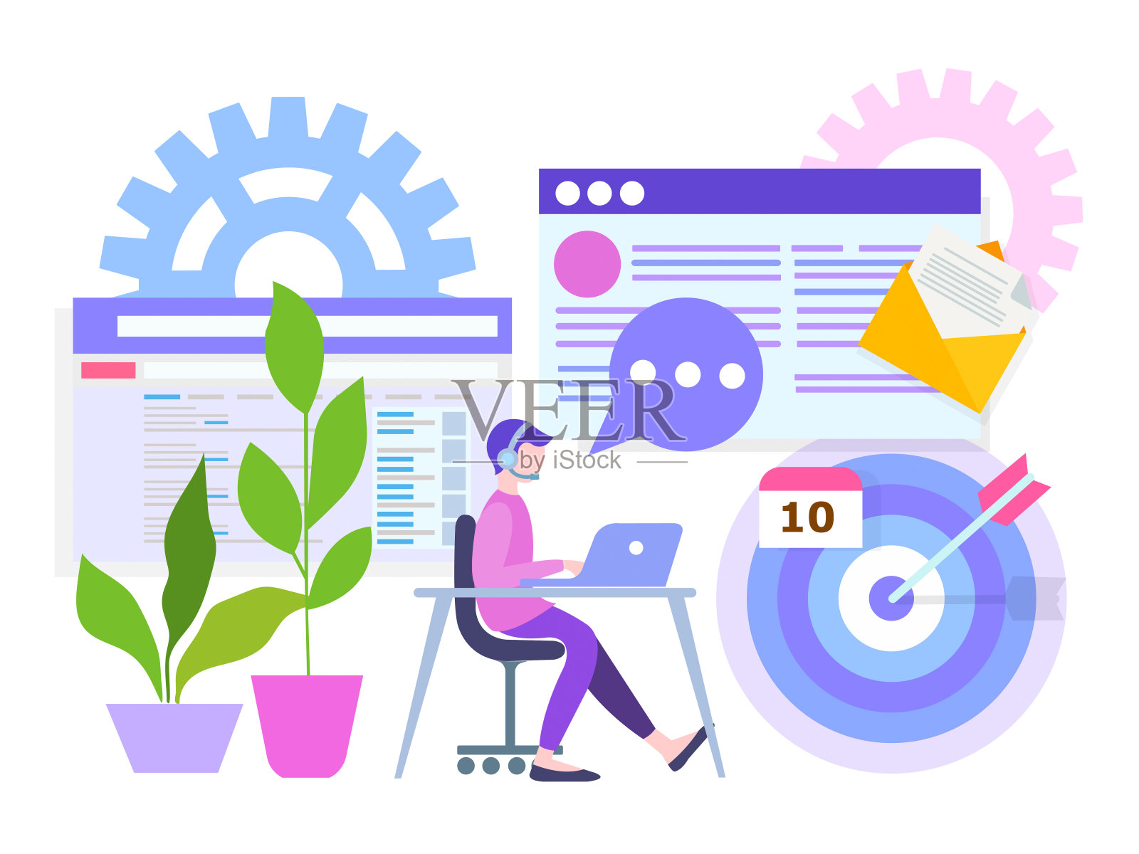 矢量插图，年轻的员工在一个书桌后面用笔记本电脑，耳机和麦克风在一个白色的背景，快递服务处理文件插画图片素材