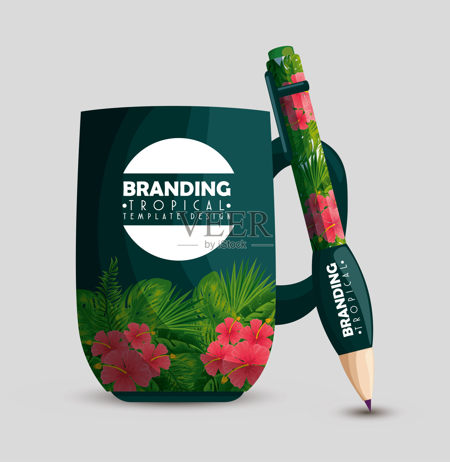 咖啡杯和铅笔的热带设计插画图片素材