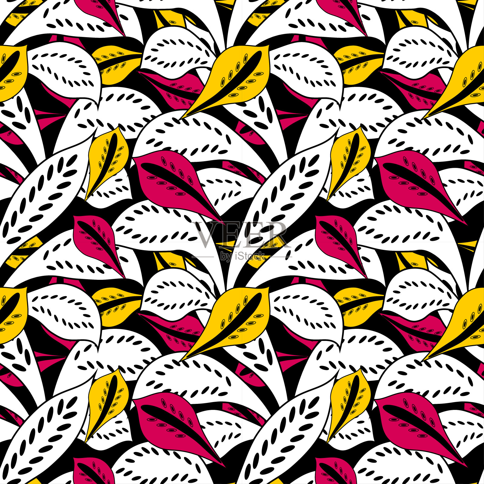 叶子上有白色装饰，黑色背景上有粉红色和黄色插画图片素材