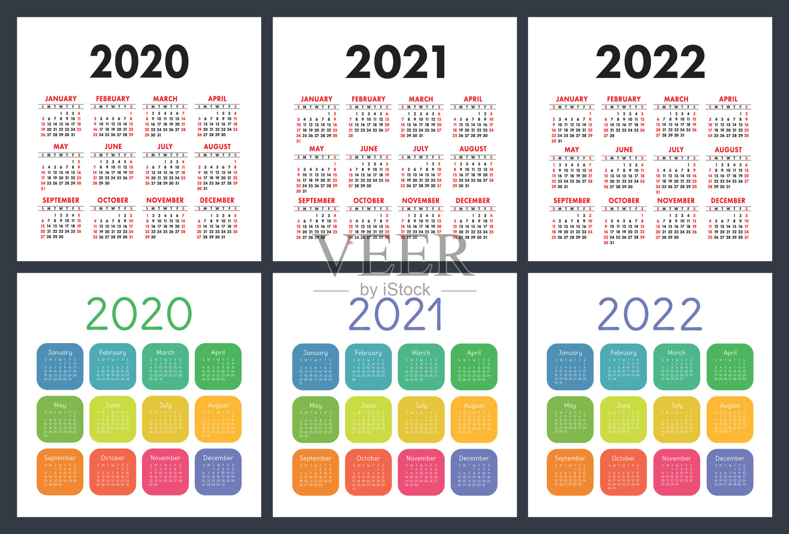 英语日历2020年，2021年，2022年。袖珍日历。五彩缤纷的集合。一周从周日开始。基本的网格。新年。大向量集合设计模板素材