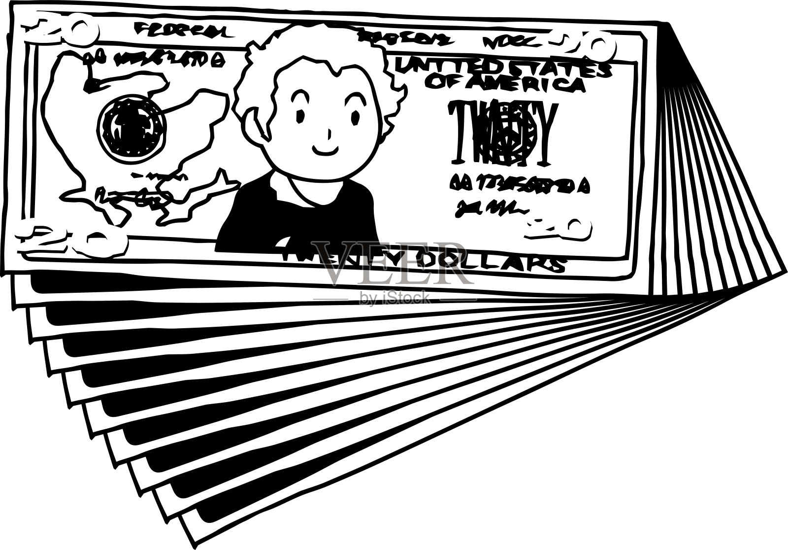 一串可爱的手绘20美元纸币轮廓设计元素图片