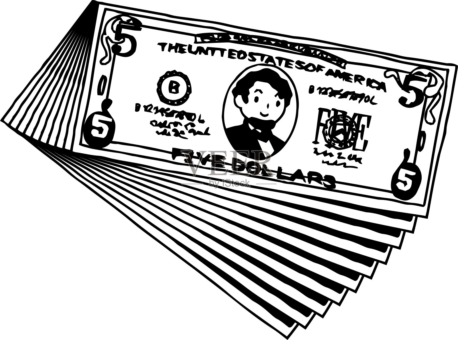 一串可爱的手绘5美元钞票轮廓设计元素图片