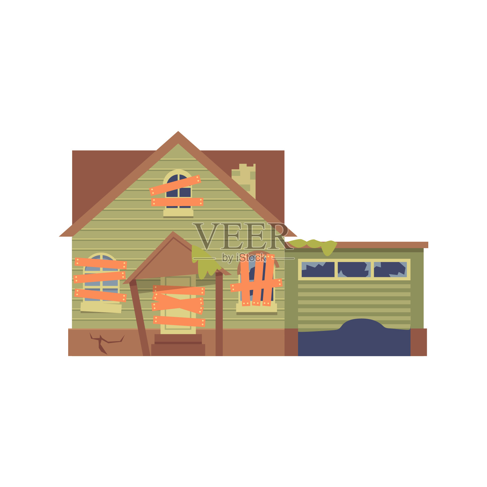 向量旧废弃的绿色房子与车库和木板封窗，一扇门在平面卡通风格。设计元素图片