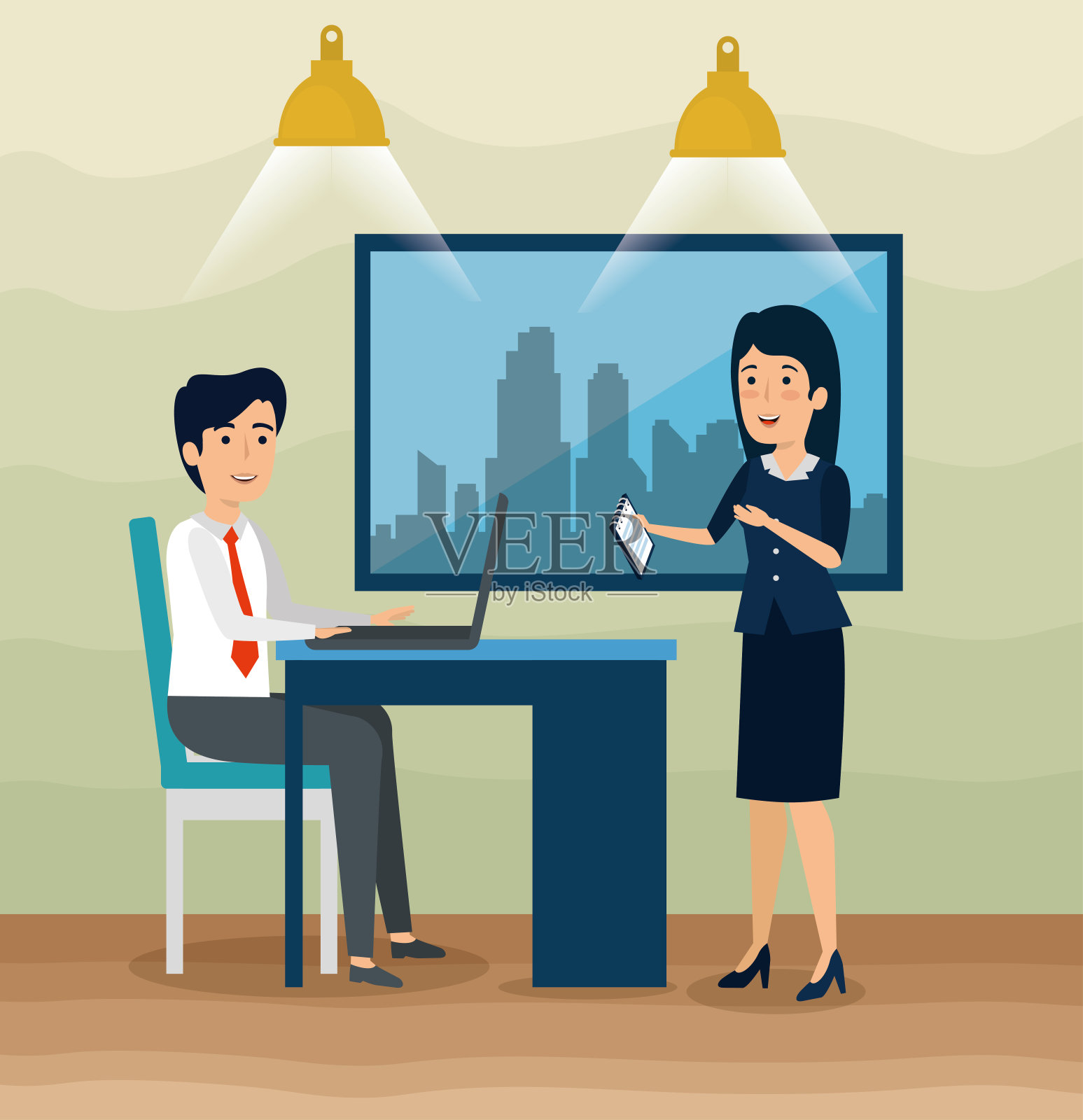 商人和女商人的笔记本电脑战略计划插画图片素材