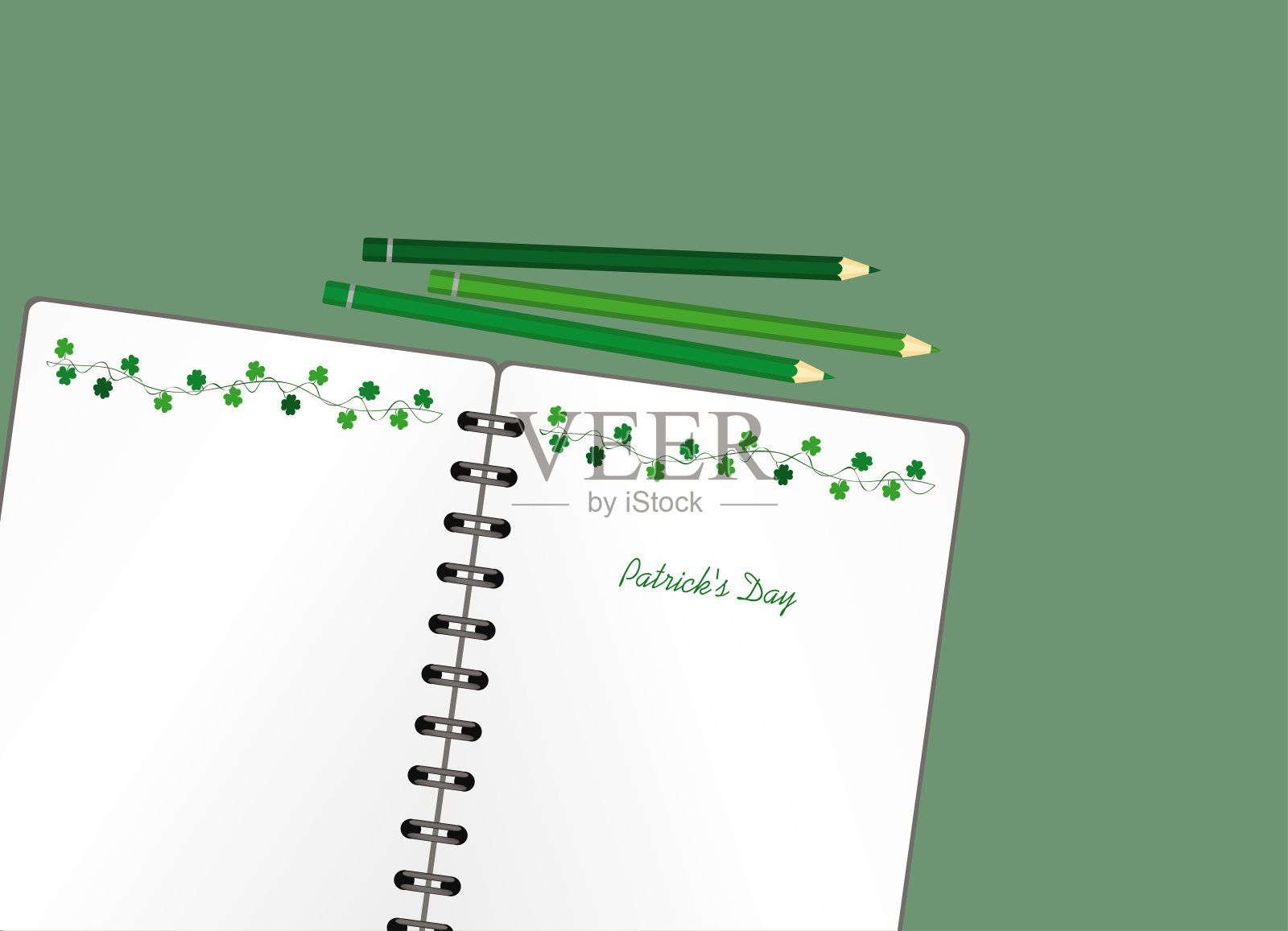 笔记本与模板手绘绿色节日彩旗与三叶草和铅笔。爱尔兰节日——三叶草花环的圣帕特里克节快乐。节日贺卡。向量。的笔记插画图片素材
