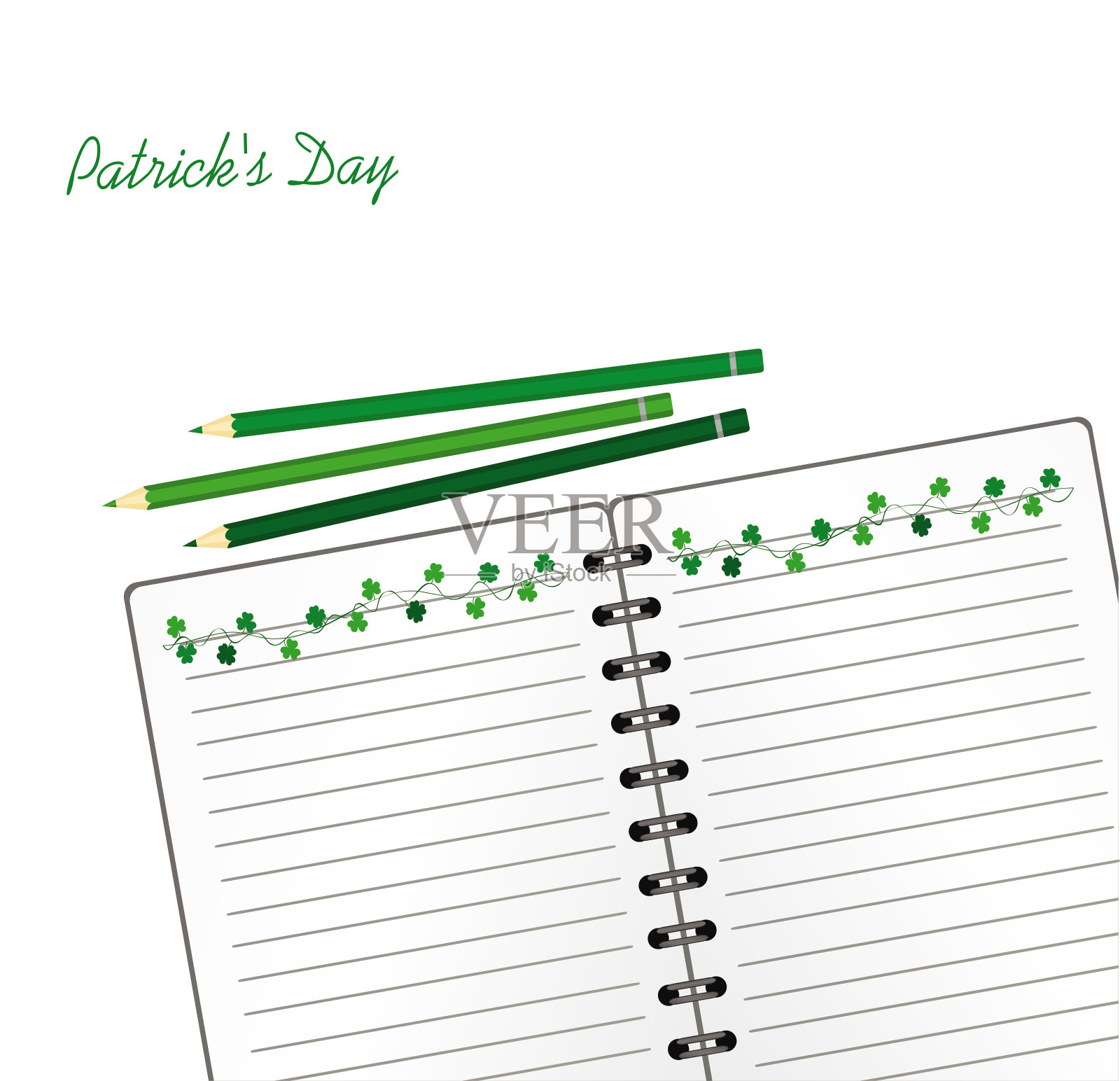 笔记本与模板手绘绿色节日彩旗与三叶草和铅笔。爱尔兰节日——三叶草花环的圣帕特里克节快乐。节日贺卡。矢量木背景。的笔记插画图片素材