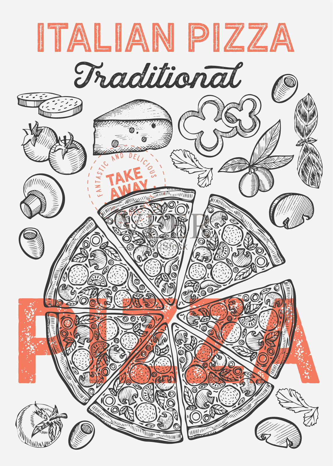 披萨插图的餐厅在复古的背景。矢量手绘海报美食咖啡馆和意大利美食卡车。用字母和涂鸦图形蔬菜设计。插画图片素材