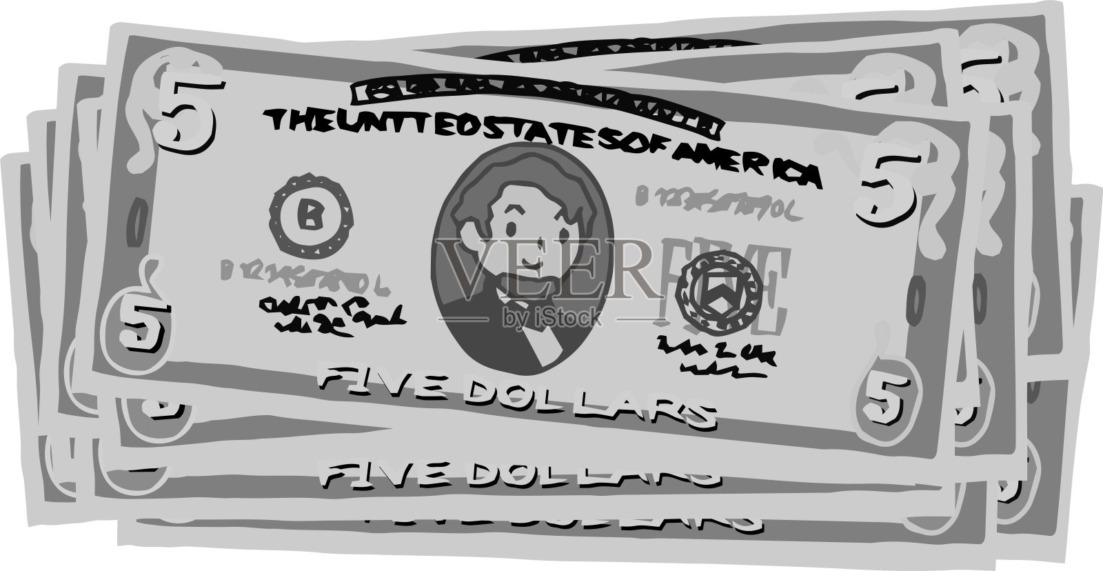 单色一串可爱的手绘5美元钞票设计元素图片
